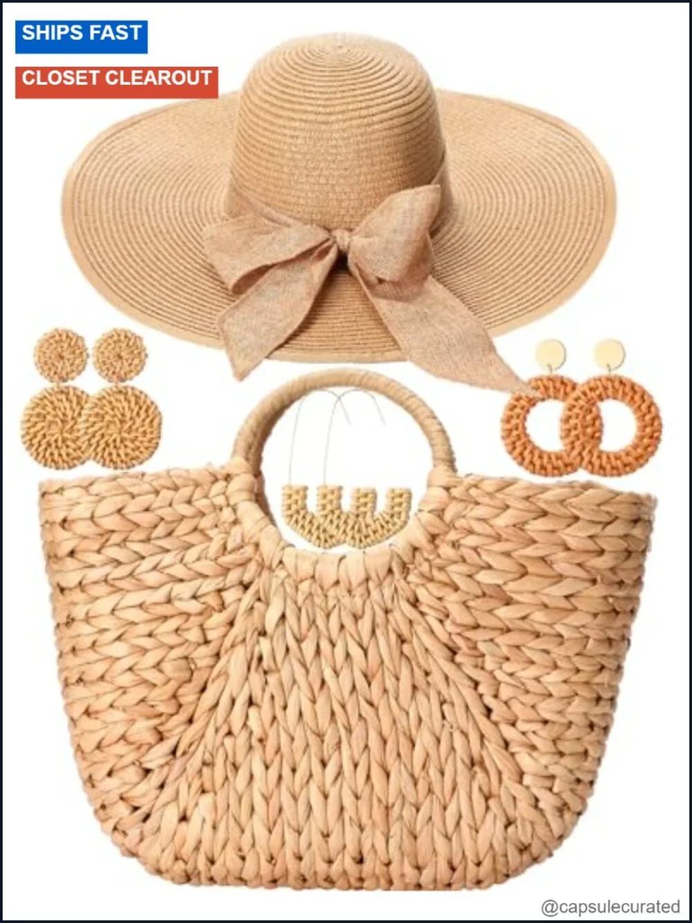Straw Summer Accessory Set: Beach Bag, Floppy Hat, Rattan Earrings